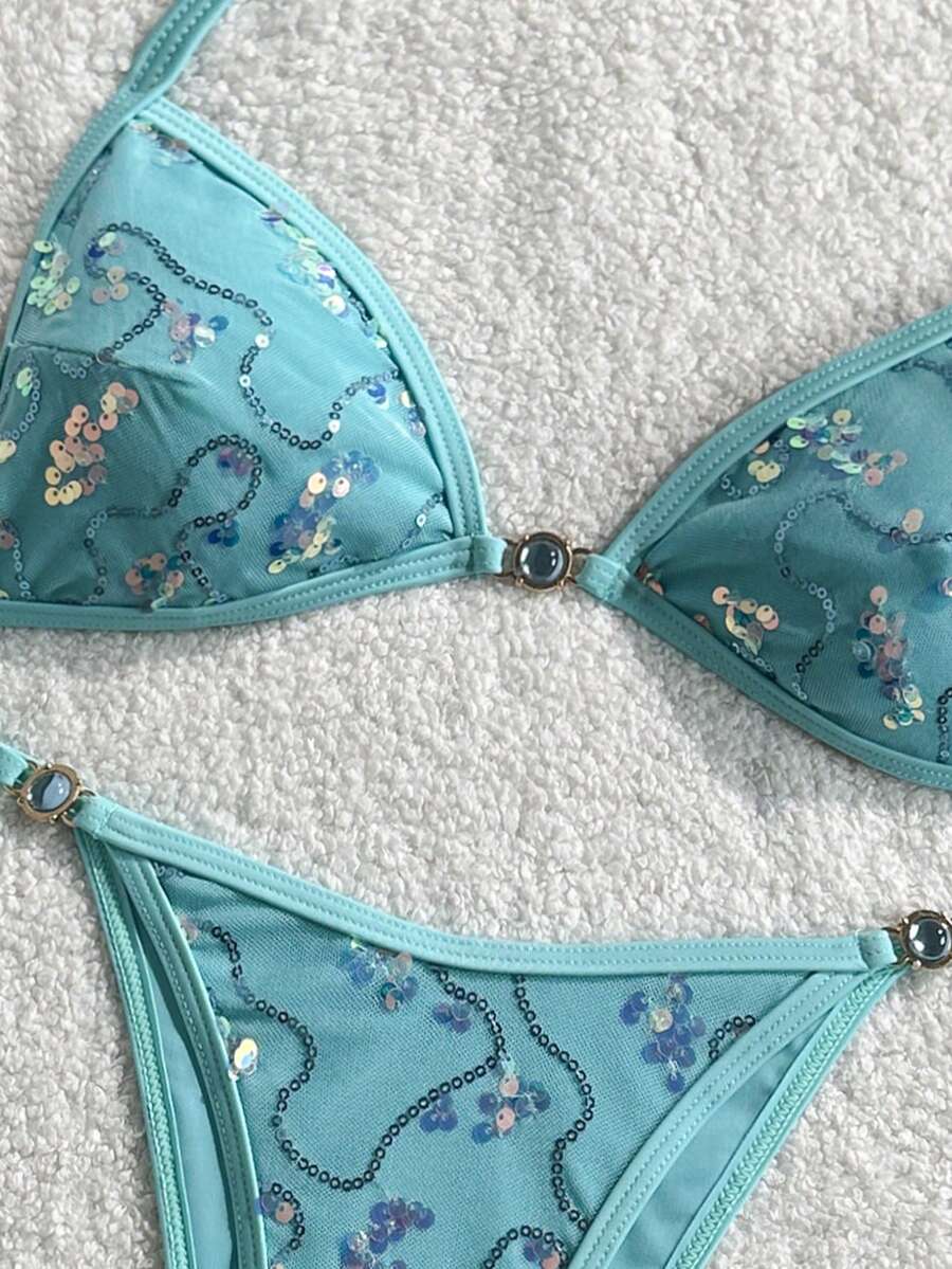 Women's sequin textured halter triangle bikini top and high-waist side tie bikini bottom swimsuit set