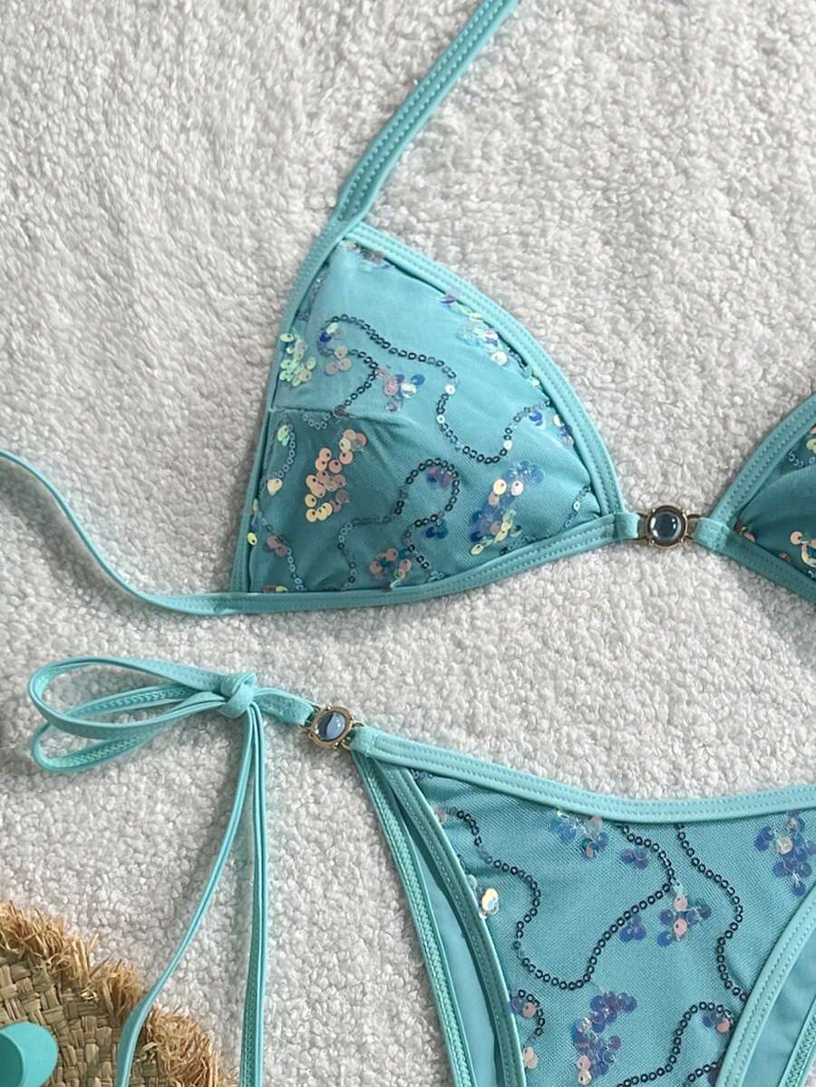 Women's sequin textured halter triangle bikini top and high-waist side tie bikini bottom swimsuit set