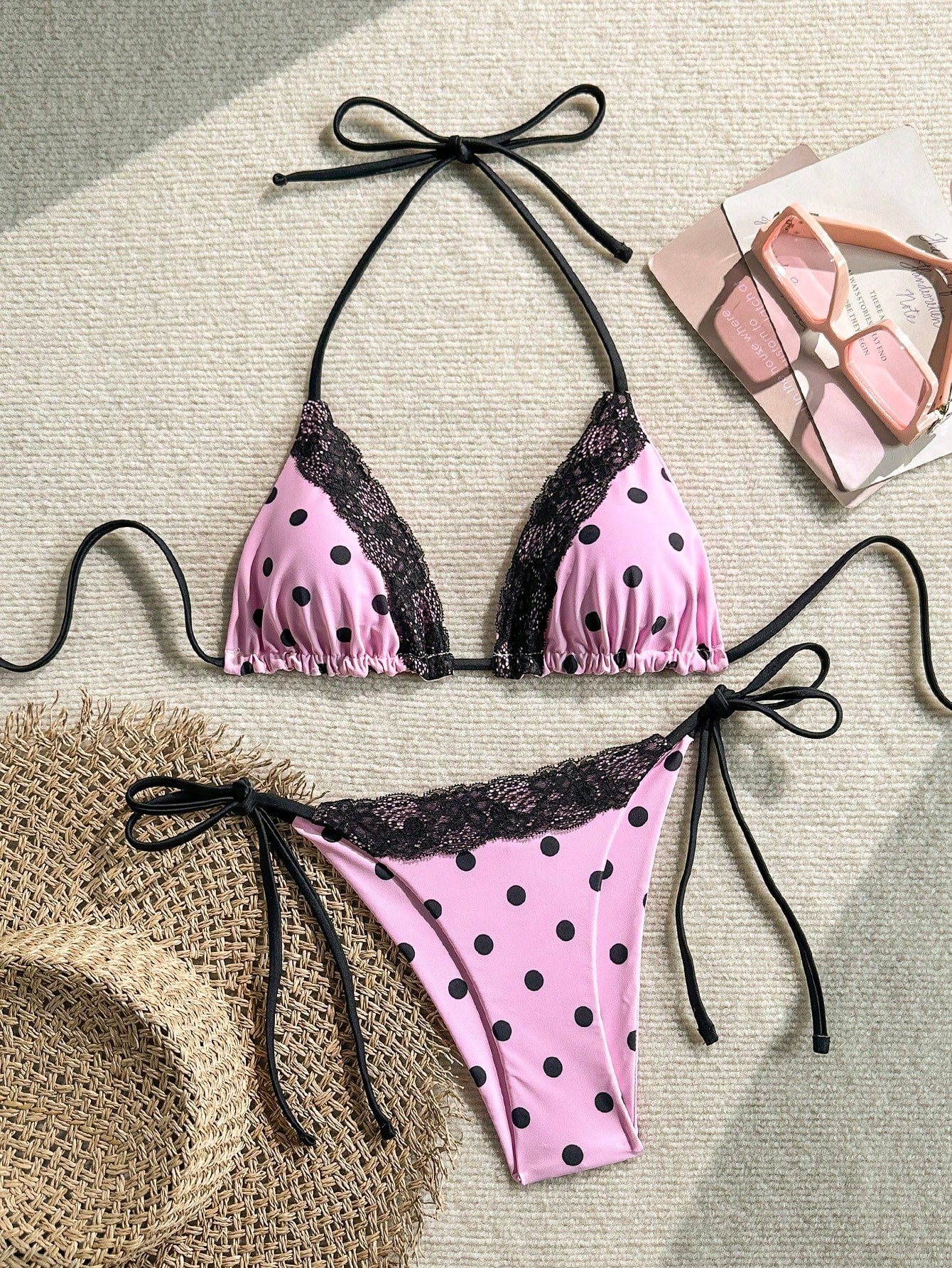 Women's 2-piece high-waist bikini swimsuit set featuring triangle cups and tie-side bottoms