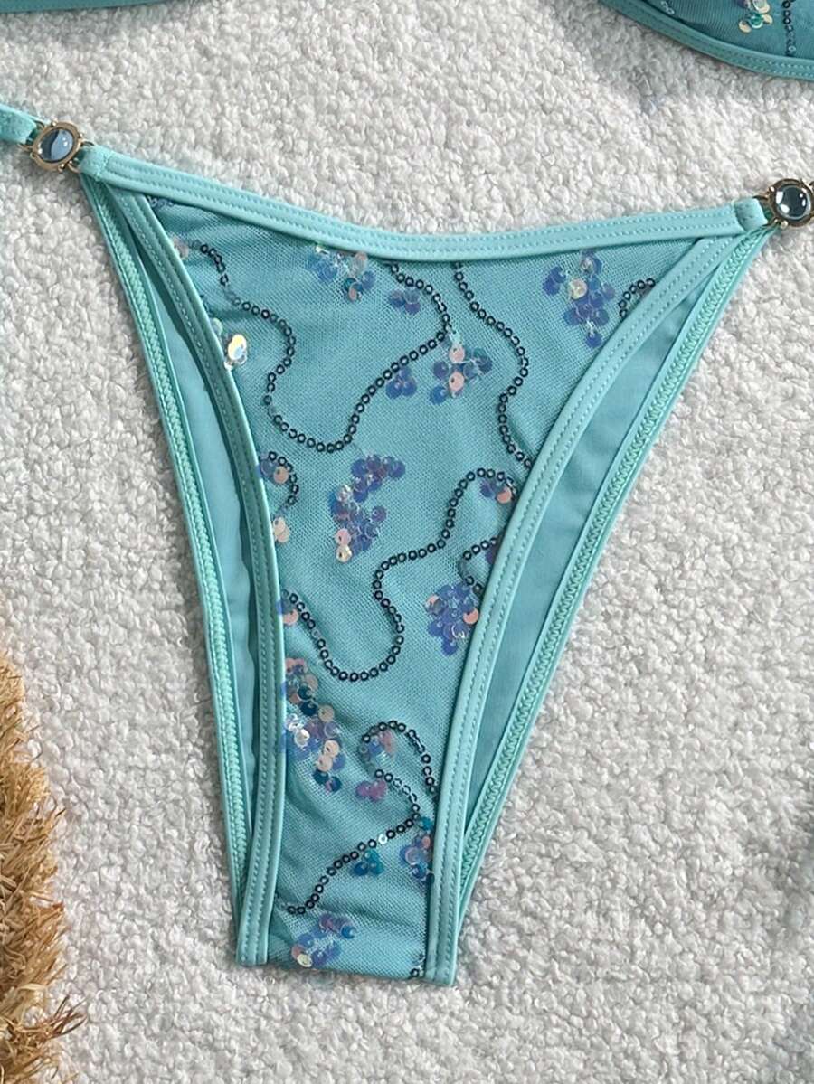 Women's sequin textured halter triangle bikini top and high-waist side tie bikini bottom swimsuit set