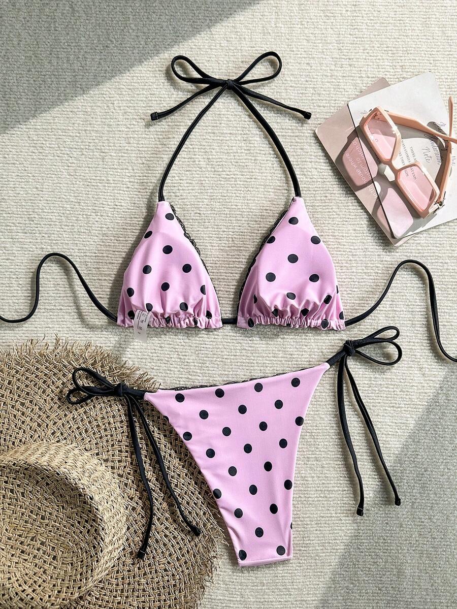 Women's 2-piece high-waist bikini swimsuit set featuring triangle cups and tie-side bottoms