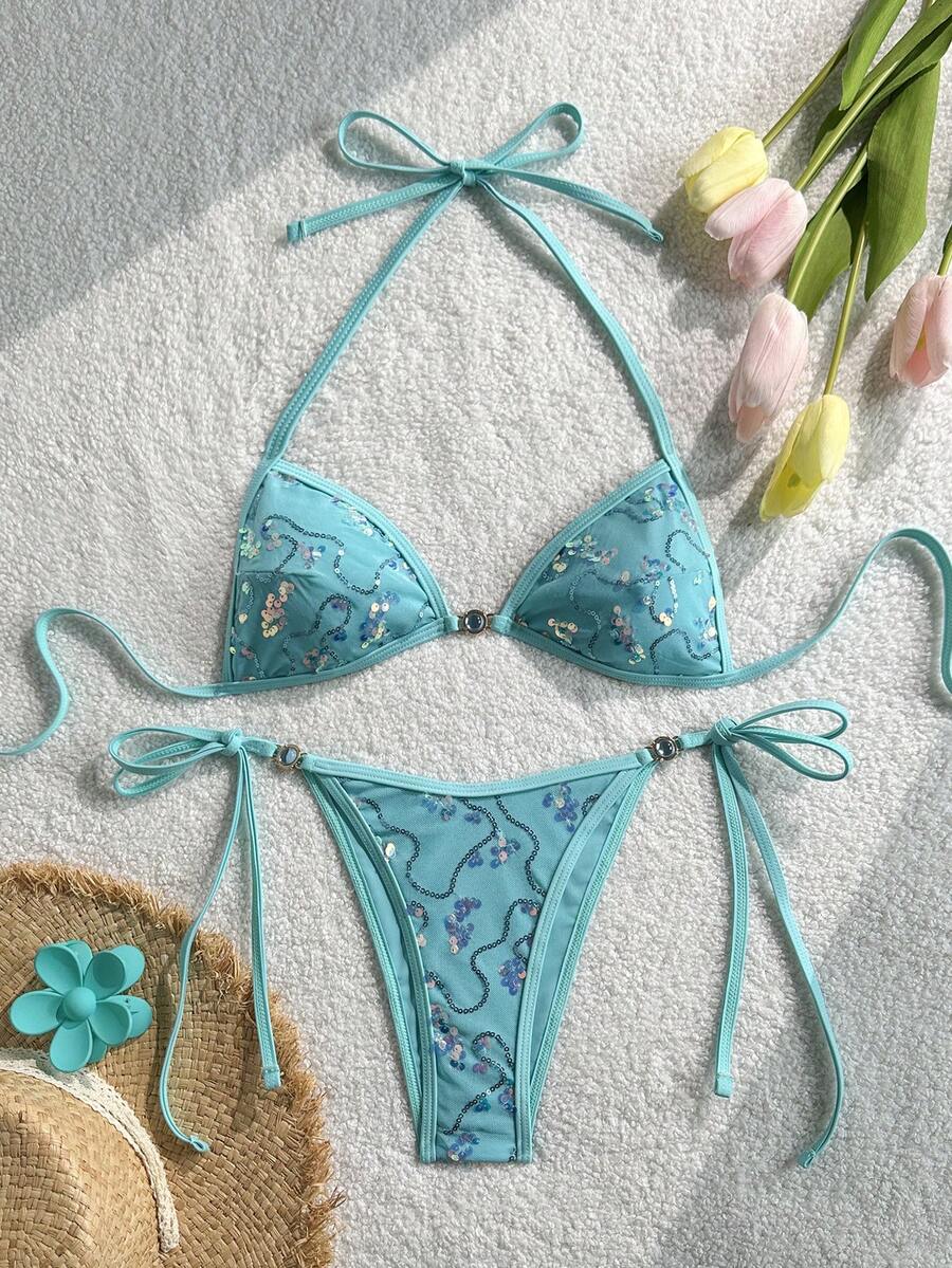 Women's sequin textured halter triangle bikini top and high-waist side tie bikini bottom swimsuit set