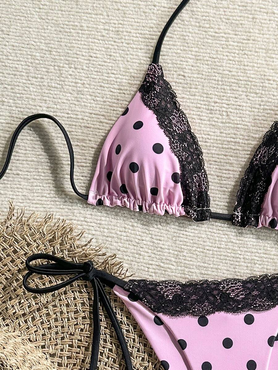 Women's 2-piece high-waist bikini swimsuit set featuring triangle cups and tie-side bottoms