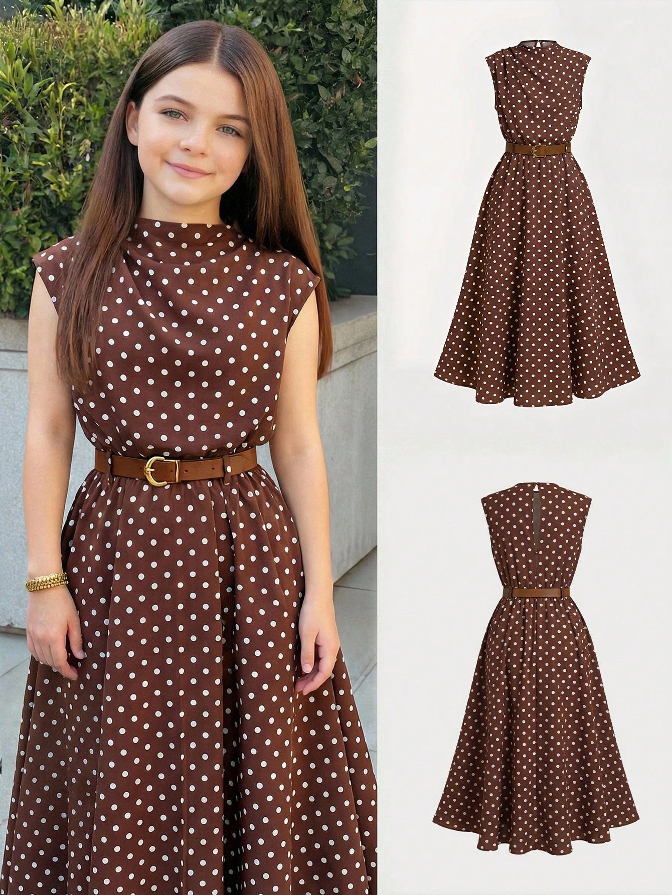 Tween girl wearing an apricot plant print long dress featuring a stand collar, short sleeves, high waist, flared hem, and back zipper closure.