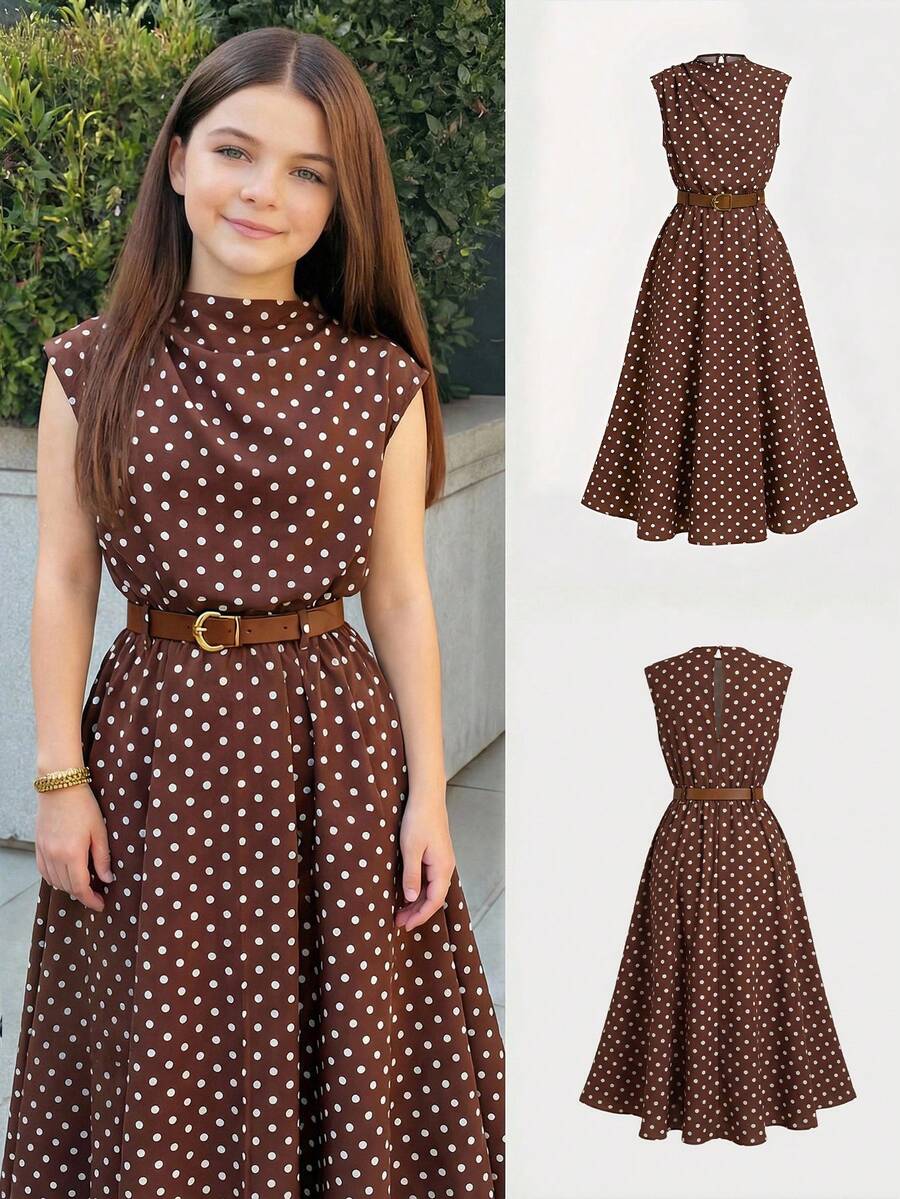Tween girl wearing an apricot plant print long dress featuring a stand collar, short sleeves, high waist, flared hem, and back zipper closure.