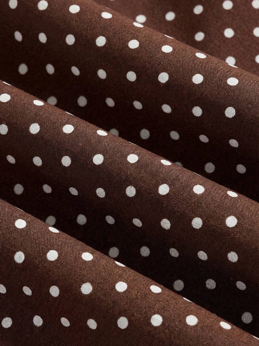 Tween girl wearing an apricot plant print long dress featuring a stand collar, short sleeves, high waist, flared hem, and back zipper closure.