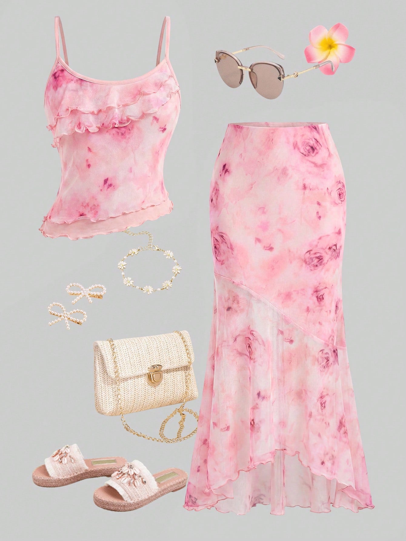 Tween girls blue 2-piece set featuring a short spaghetti strap lace tank top with asymmetrical lettuce trim and a long matching skirt.
