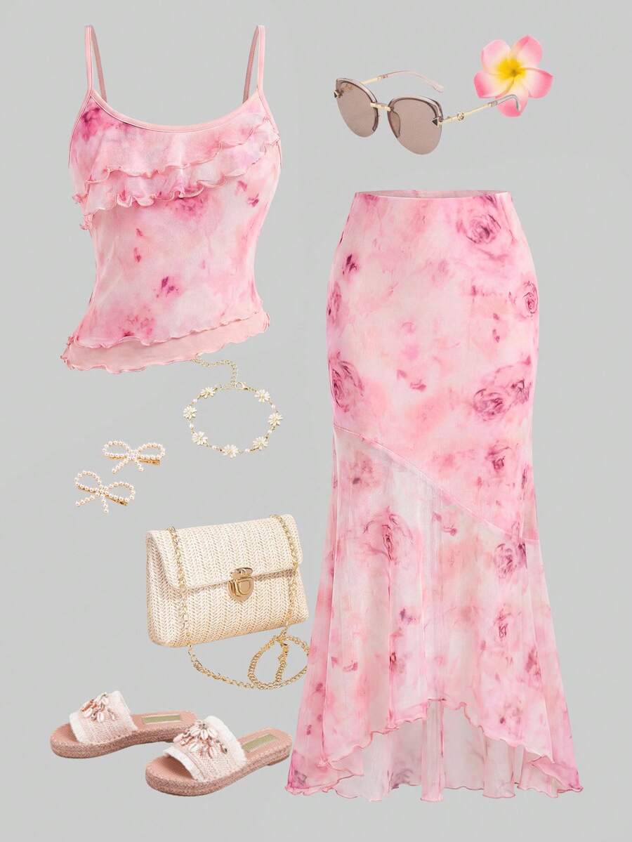 Tween girls blue 2-piece set featuring a short spaghetti strap lace tank top with asymmetrical lettuce trim and a long matching skirt.
