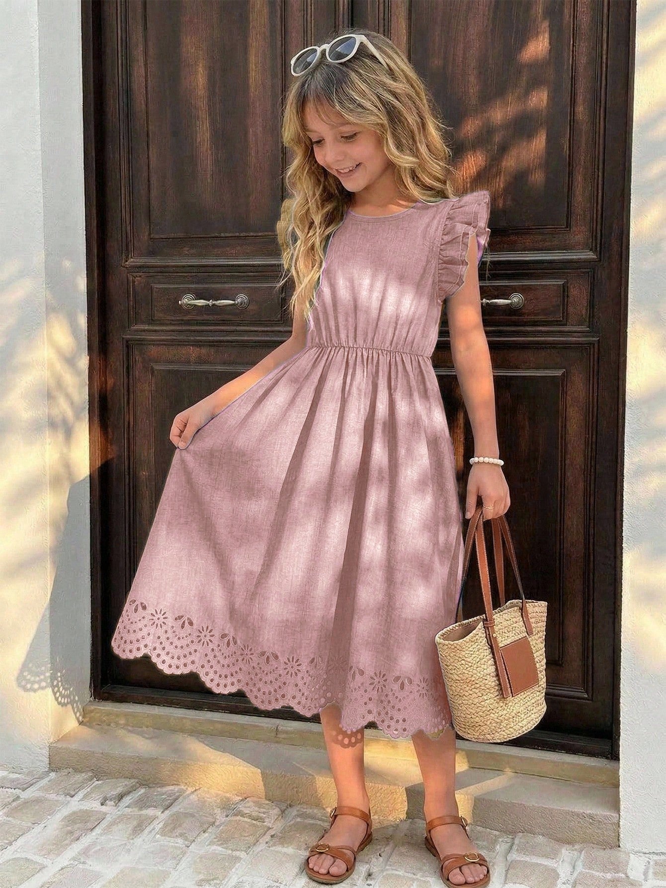 Tween girls dusty blue casual A-line dress with round neck, ruffle accents, high waist, and flared hem.