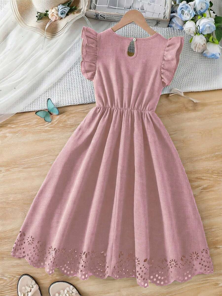 Tween girls dusty blue casual A-line dress with round neck, ruffle accents, high waist, and flared hem.