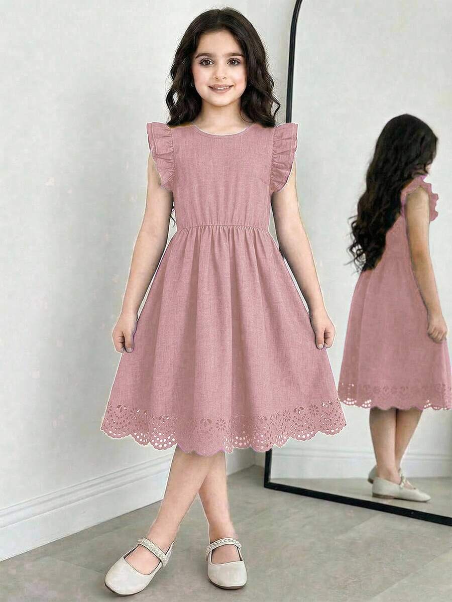 Tween girls dusty blue casual A-line dress with round neck, ruffle accents, high waist, and flared hem.