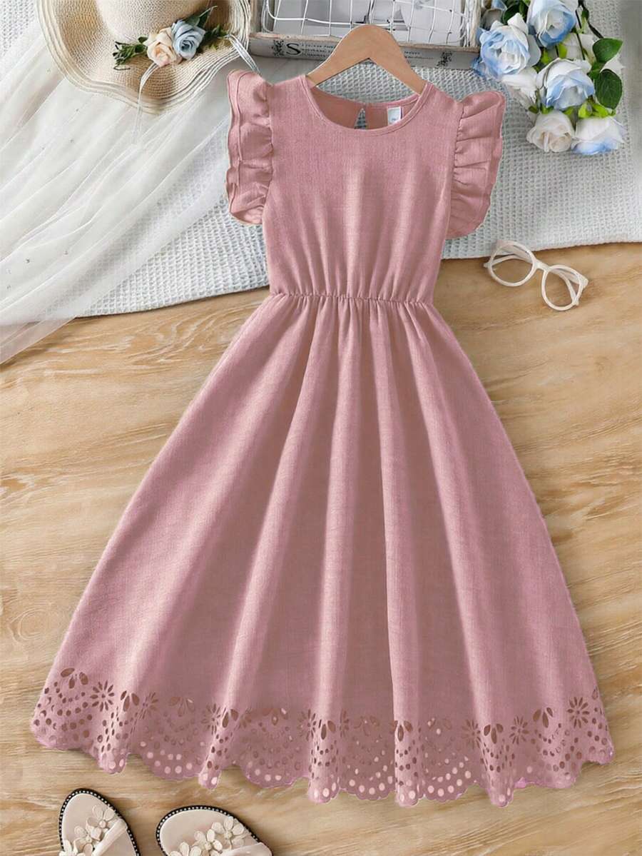Tween girls dusty blue casual A-line dress with round neck, ruffle accents, high waist, and flared hem.