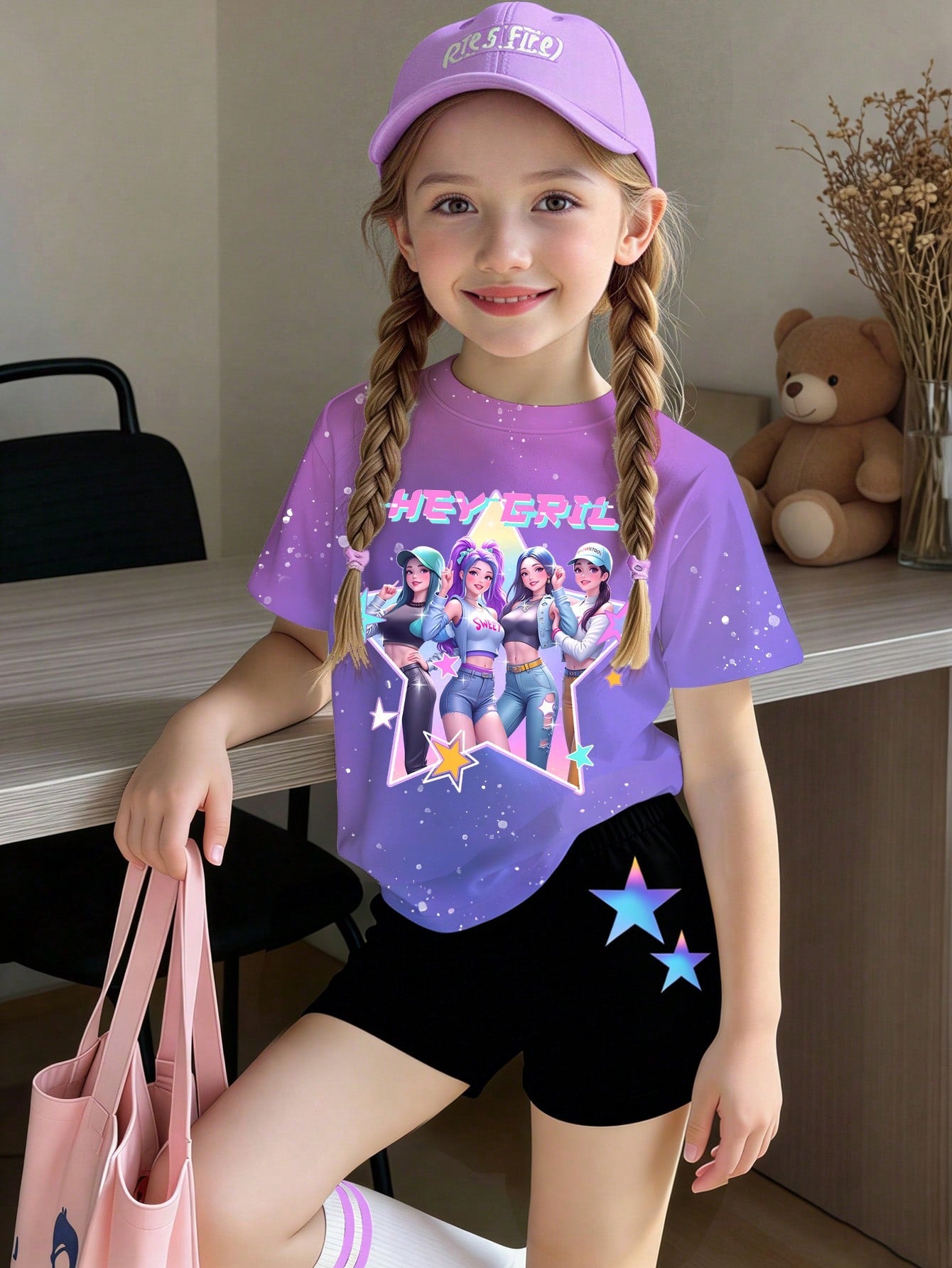 Tween girls two-piece green summer outfit featuring a fruit print short sleeve round neck t-shirt and matching track shorts with pockets.