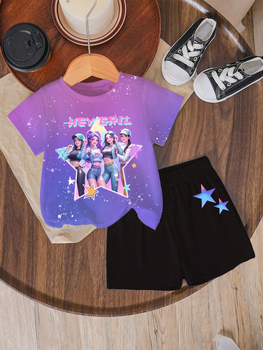 Tween girls two-piece green summer outfit featuring a fruit print short sleeve round neck t-shirt and matching track shorts with pockets.
