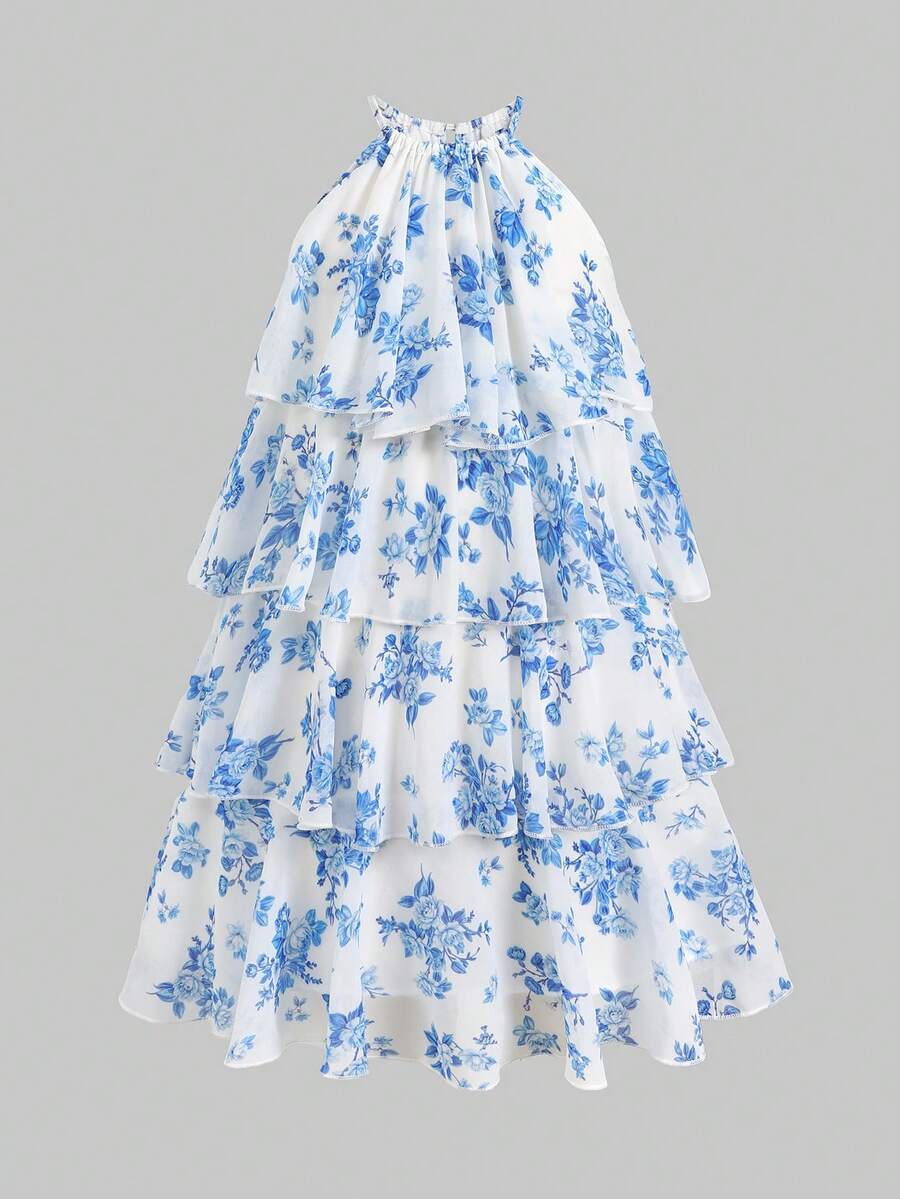 Apricot all-over floral print midi dress for tween girls featuring a sleeveless V-neckline, high waist, button details, and tiered A-line skirt.