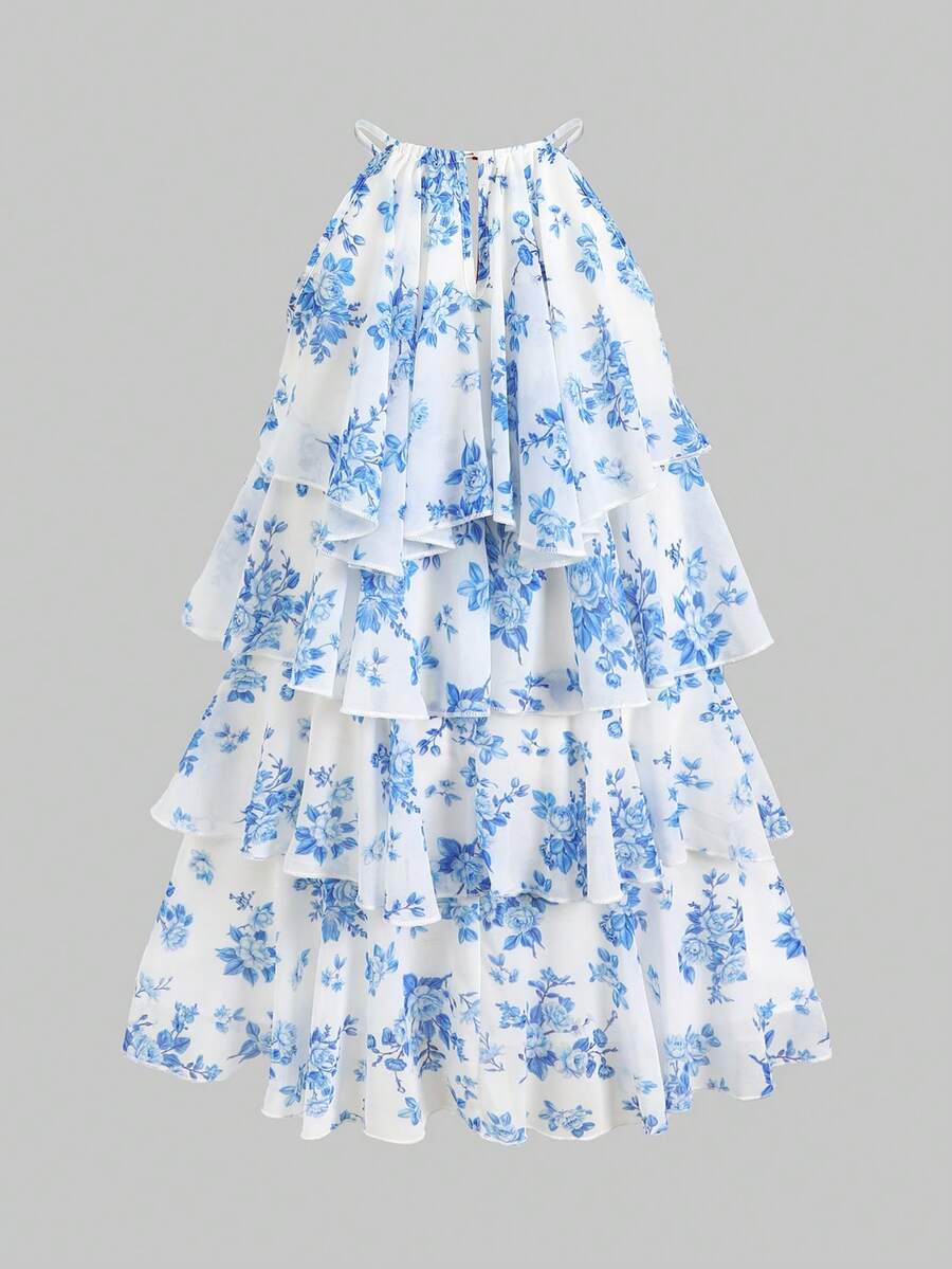 Apricot all-over floral print midi dress for tween girls featuring a sleeveless V-neckline, high waist, button details, and tiered A-line skirt.