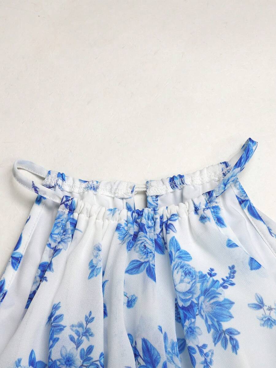 Apricot all-over floral print midi dress for tween girls featuring a sleeveless V-neckline, high waist, button details, and tiered A-line skirt.