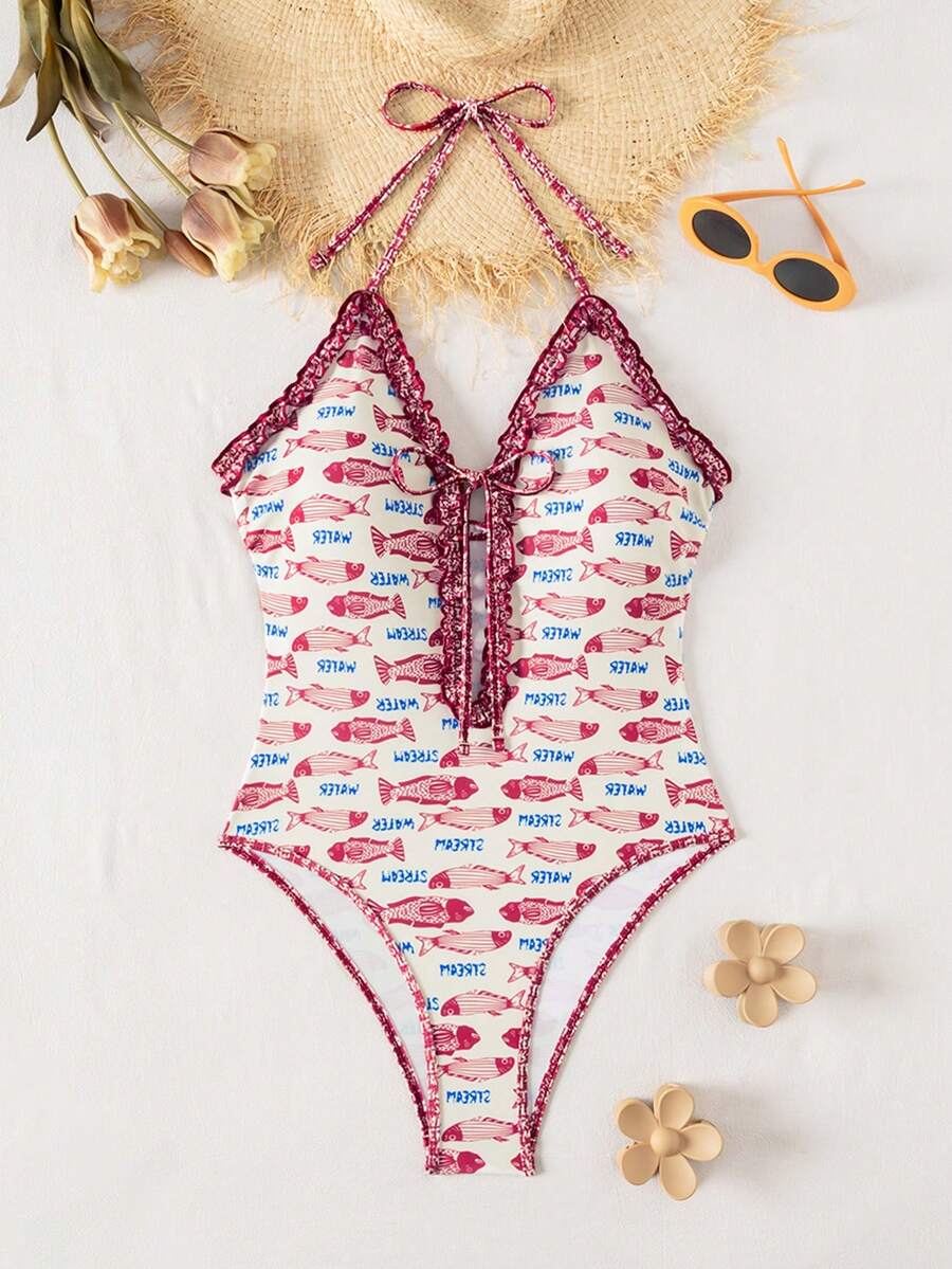 Multicolor floral print women's bikini swimsuit set featuring spaghetti straps, wireless lined bra with removable padding, backless lace-up design, and high cut bottom.