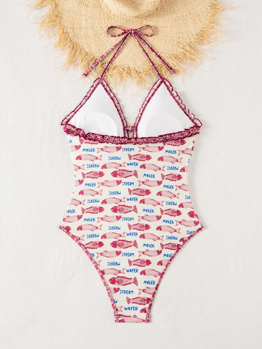 Multicolor floral print women's bikini swimsuit set featuring spaghetti straps, wireless lined bra with removable padding, backless lace-up design, and high cut bottom.