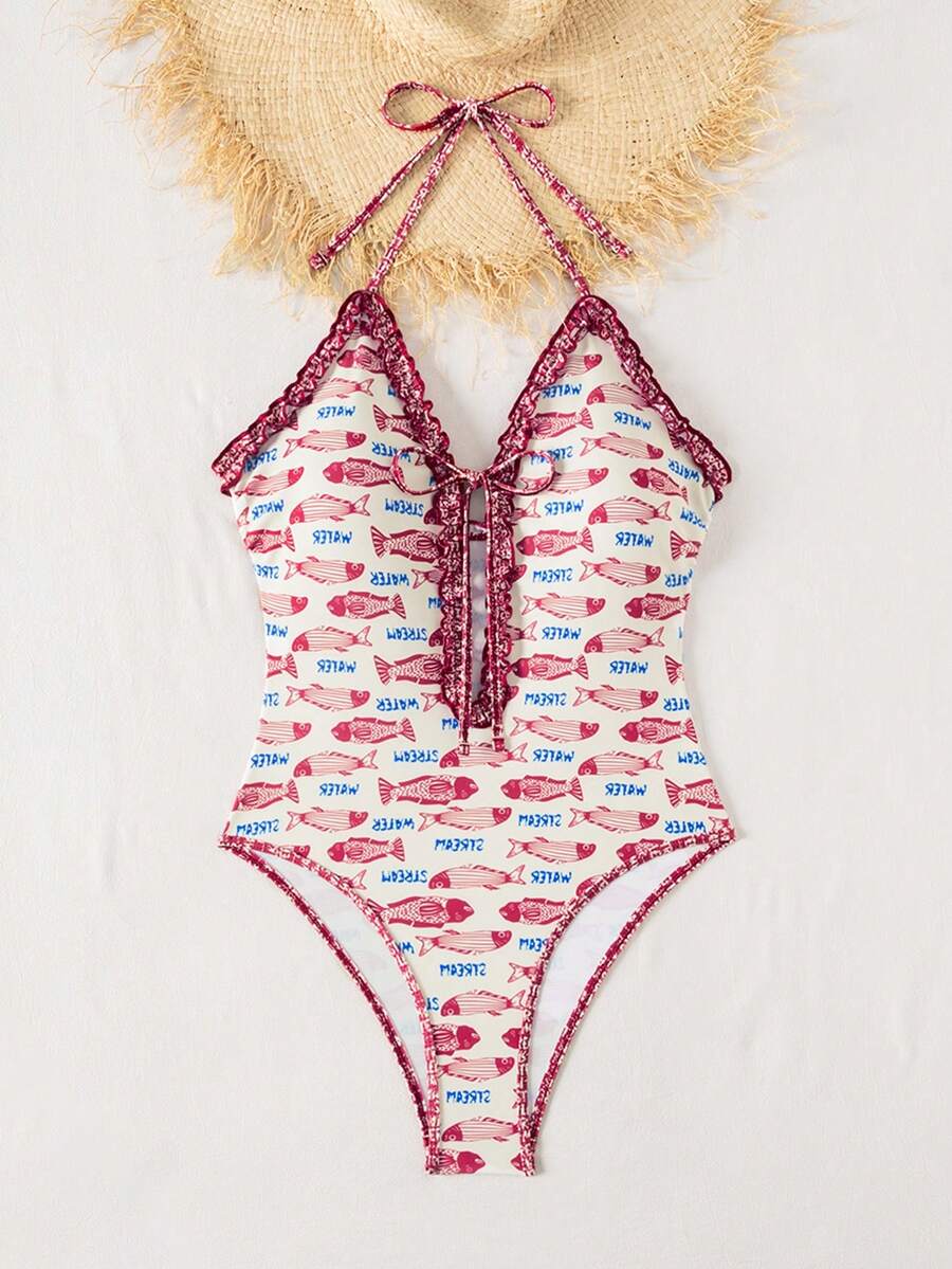 Multicolor floral print women's bikini swimsuit set featuring spaghetti straps, wireless lined bra with removable padding, backless lace-up design, and high cut bottom.