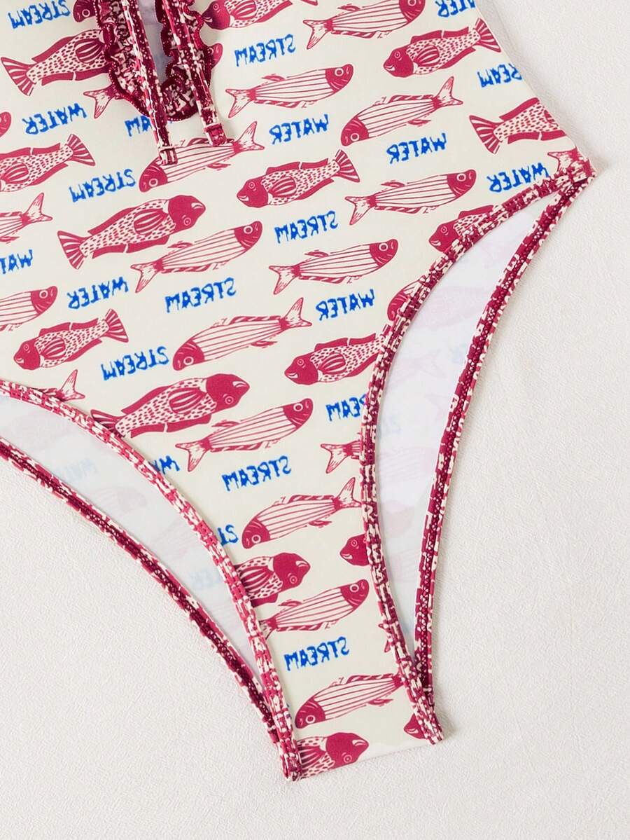 Multicolor floral print women's bikini swimsuit set featuring spaghetti straps, wireless lined bra with removable padding, backless lace-up design, and high cut bottom.