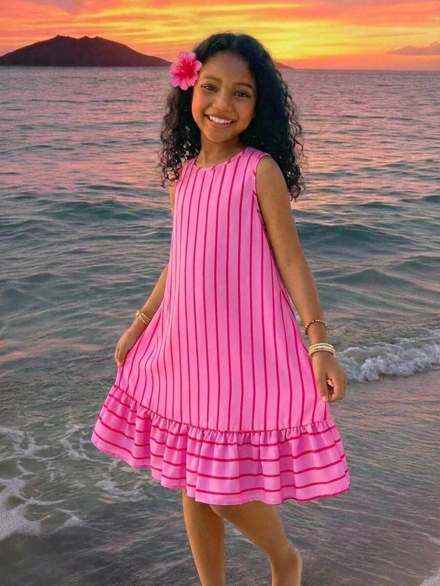 Pink striped sleeveless A-line dress for tween girls featuring a round neck, pleated detail, and flounce hem.