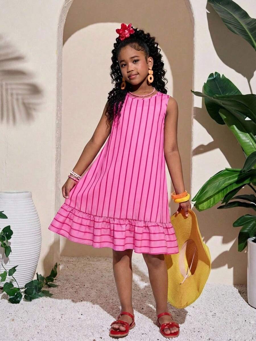 Pink striped sleeveless A-line dress for tween girls featuring a round neck, pleated detail, and flounce hem.