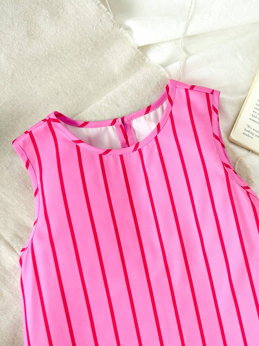 Pink striped sleeveless A-line dress for tween girls featuring a round neck, pleated detail, and flounce hem.