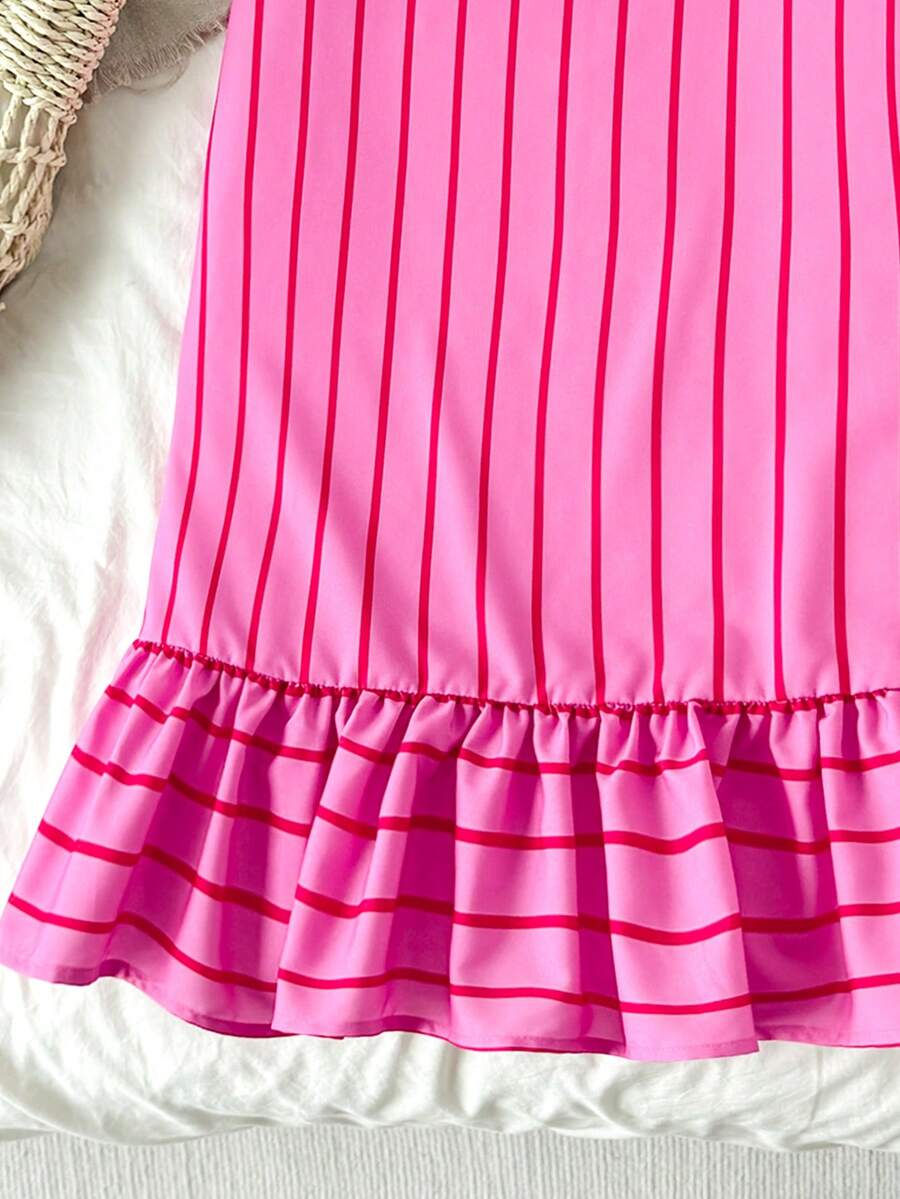 Pink striped sleeveless A-line dress for tween girls featuring a round neck, pleated detail, and flounce hem.