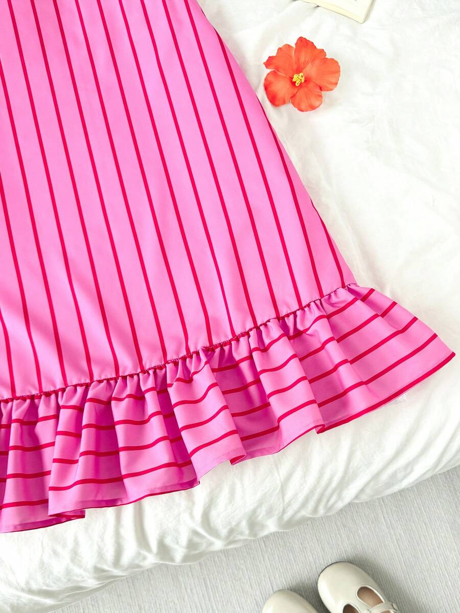 Pink striped sleeveless A-line dress for tween girls featuring a round neck, pleated detail, and flounce hem.