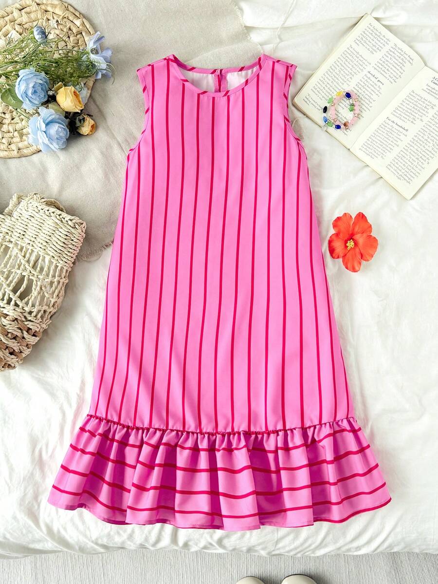 Pink striped sleeveless A-line dress for tween girls featuring a round neck, pleated detail, and flounce hem.