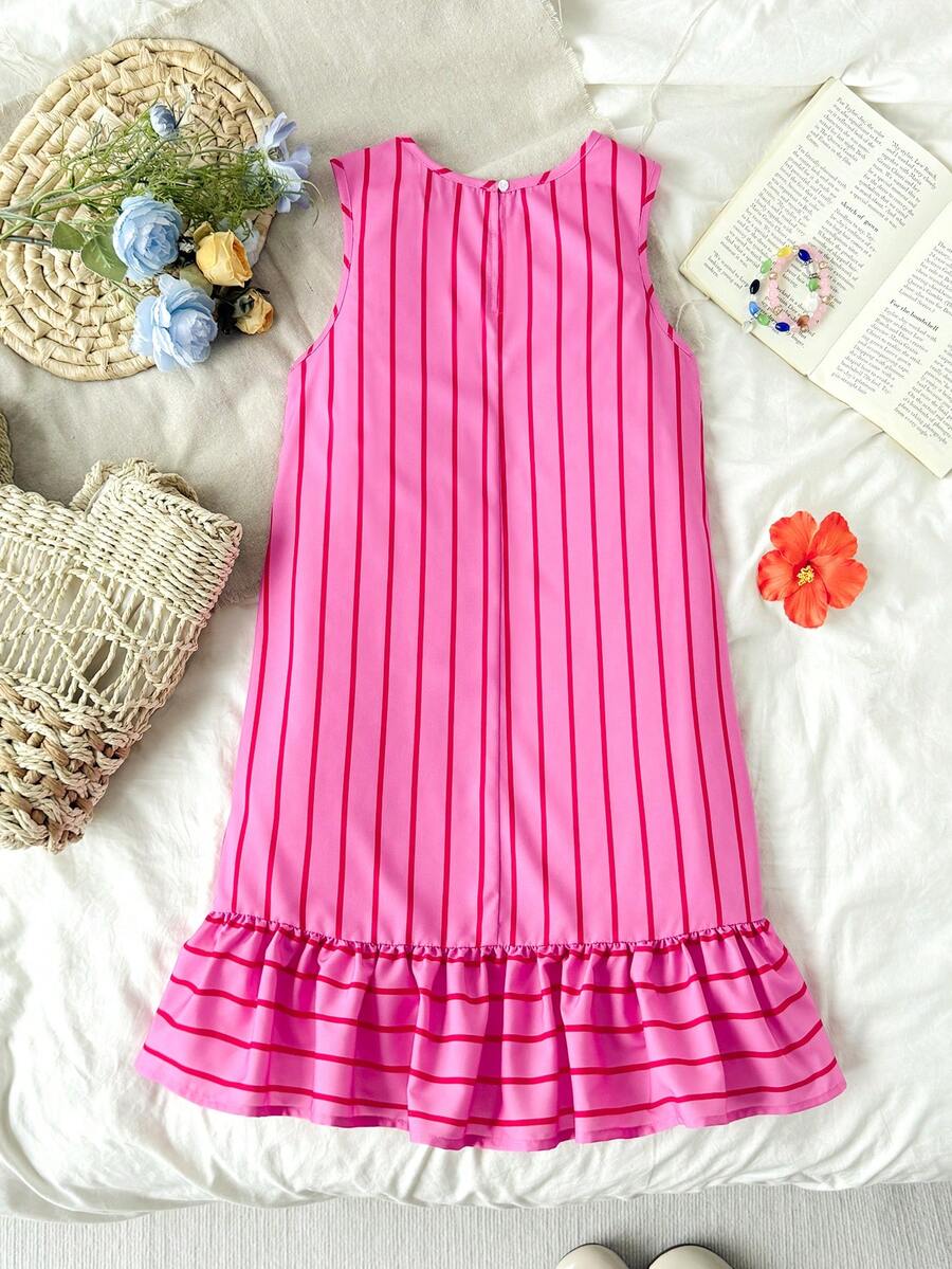 Pink striped sleeveless A-line dress for tween girls featuring a round neck, pleated detail, and flounce hem.