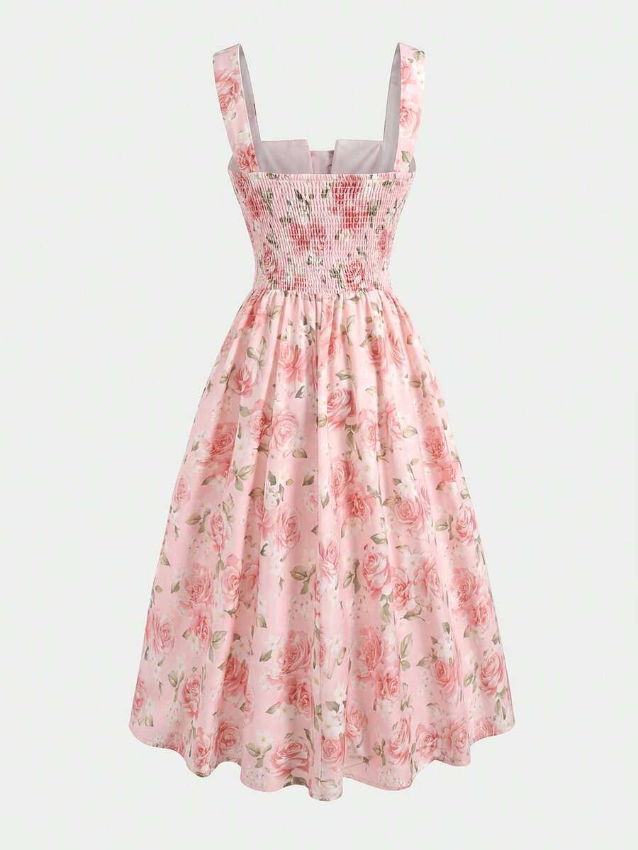 Tween girl apricot floral print midi dress with ruffle shoulder straps, shirred detail, and high waist A-line fit.