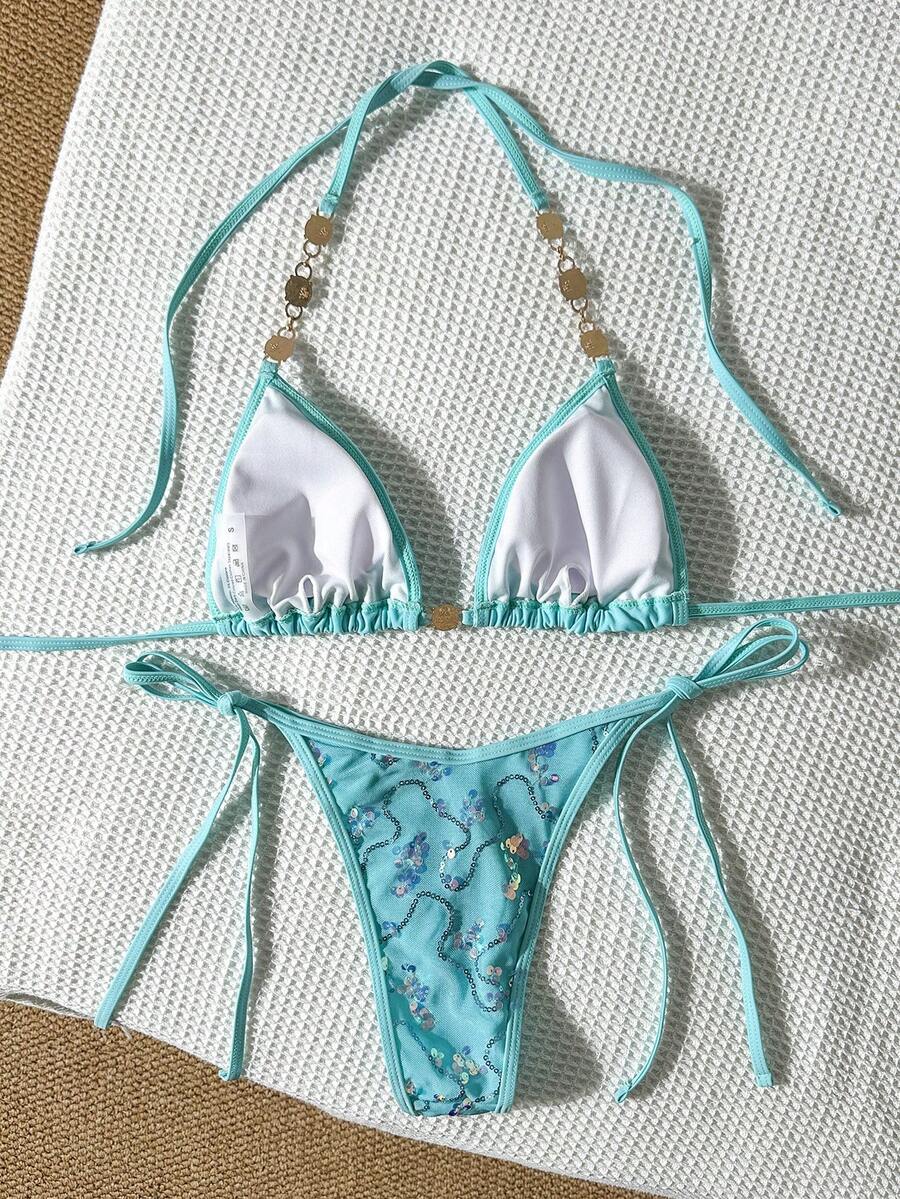 Women's sequin textured halter triangle bikini top and high-waist side tie bikini bottom swimsuit set