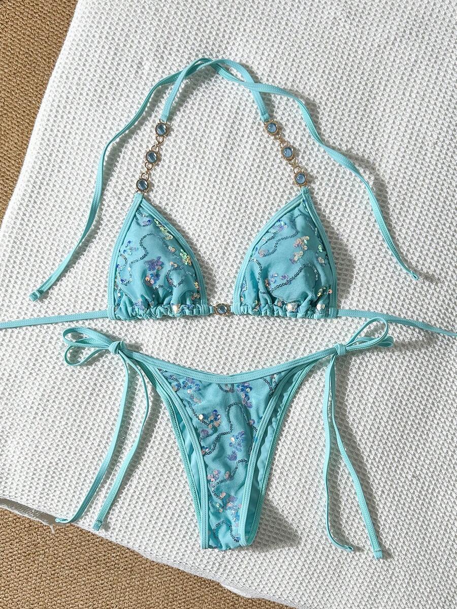 Women's sequin textured halter triangle bikini top and high-waist side tie bikini bottom swimsuit set