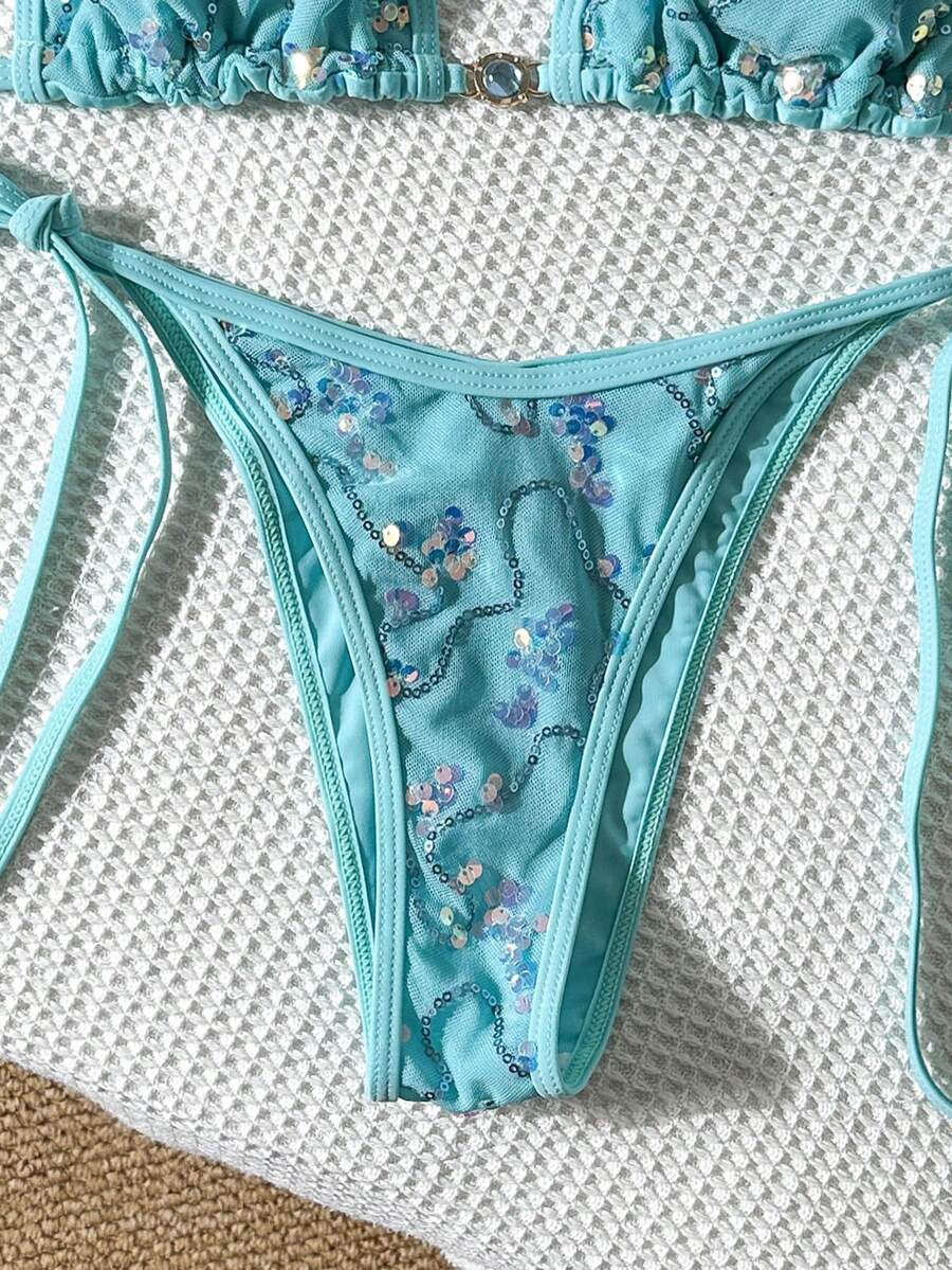 Women's sequin textured halter triangle bikini top and high-waist side tie bikini bottom swimsuit set