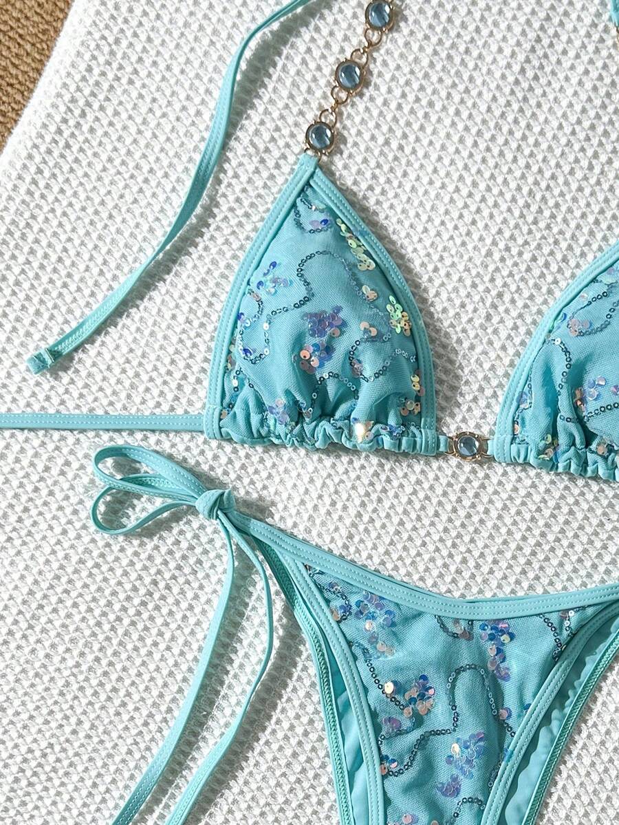 Women's sequin textured halter triangle bikini top and high-waist side tie bikini bottom swimsuit set