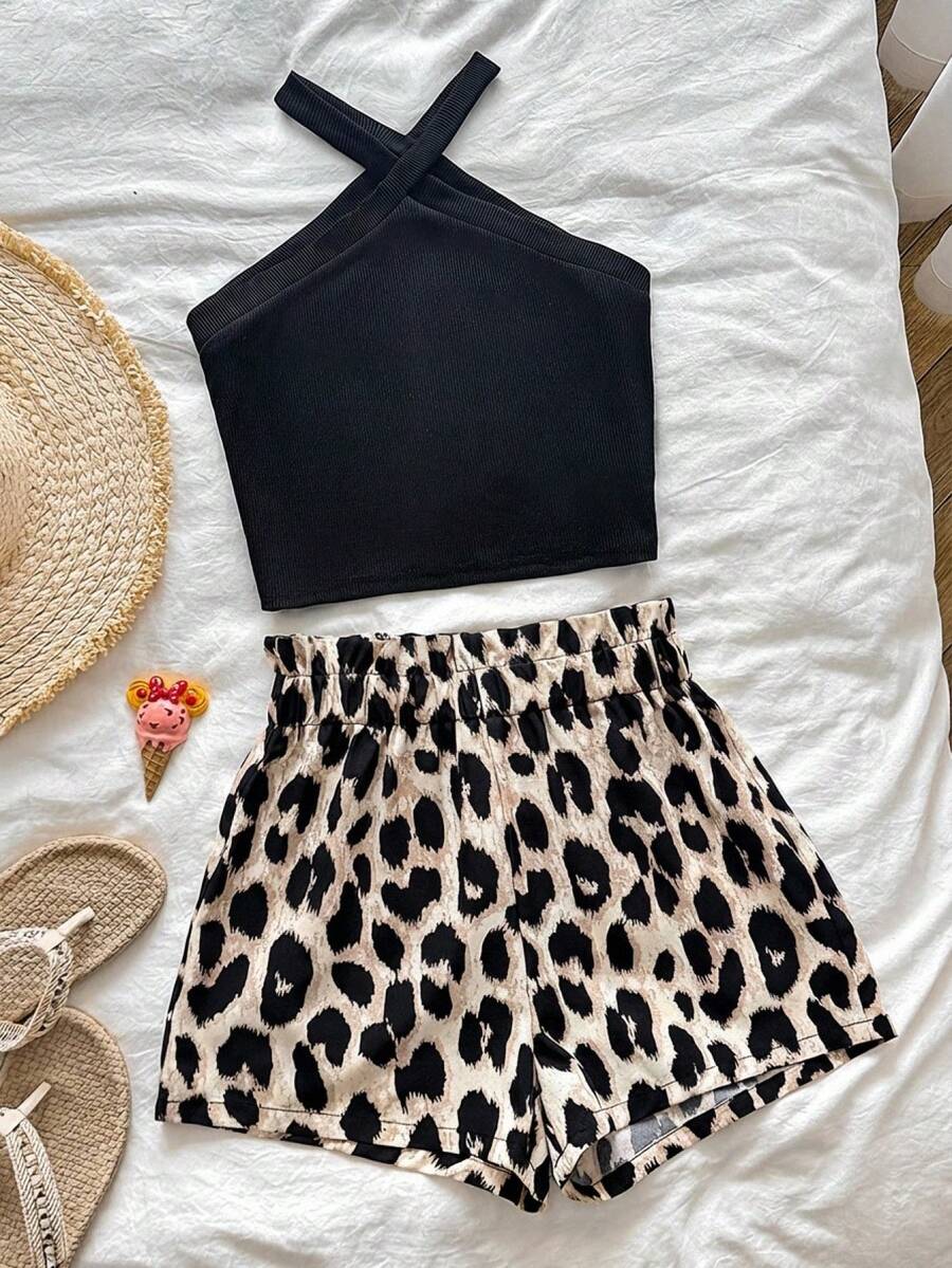 Tween girl 2-piece casual outfit set featuring a solid beige knit halter sleeveless top with belted detail and matching shorts.