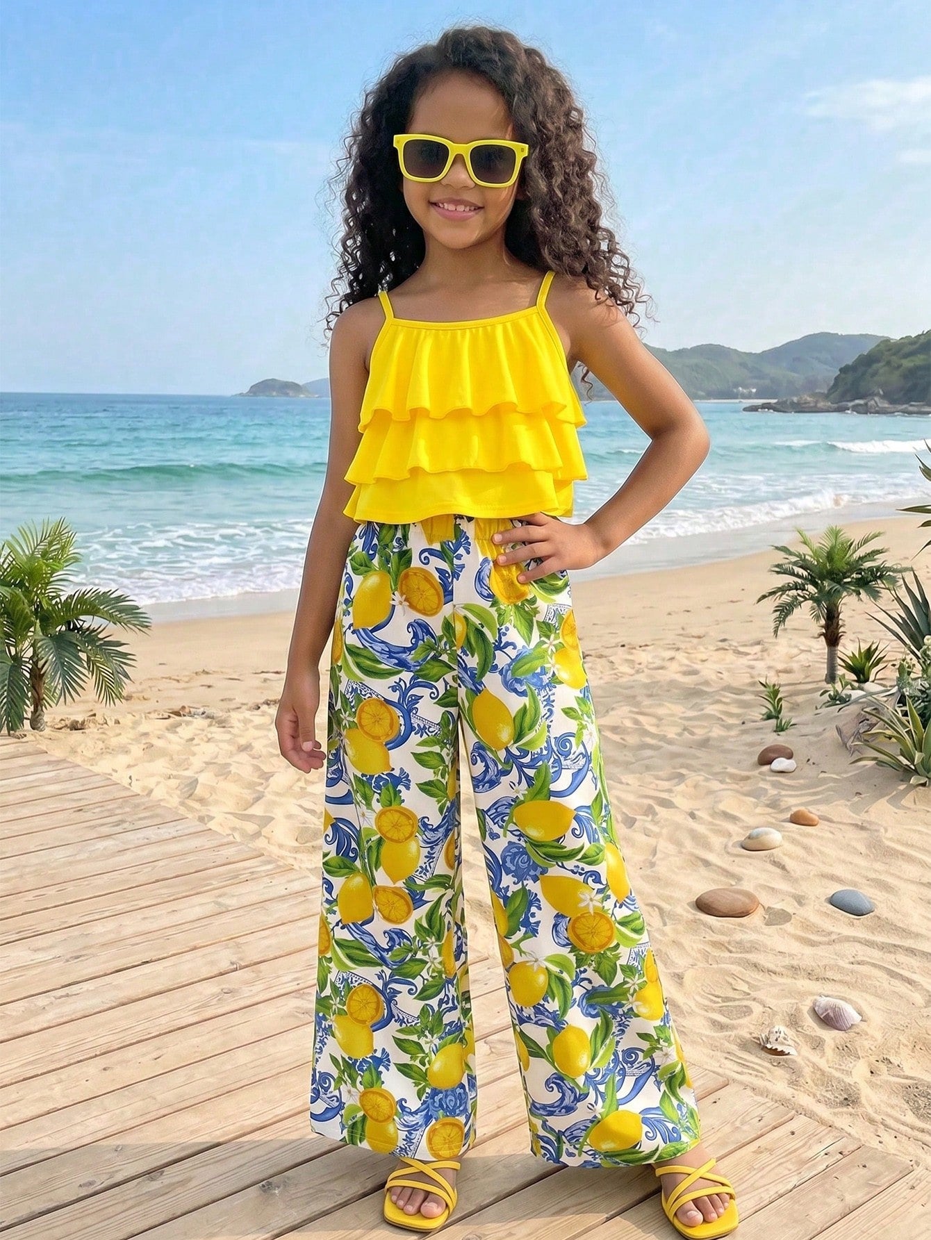 Tween girls blue 2-piece vacation outfit set featuring a tiered ruffle spaghetti strap camisole and loose high-waist pants.