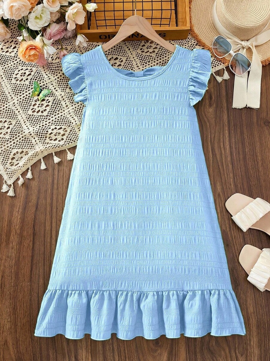 Tween girls apricot vacation midi dress featuring a round neck, cut out details, ruffle flounce accents, and geometric pattern.