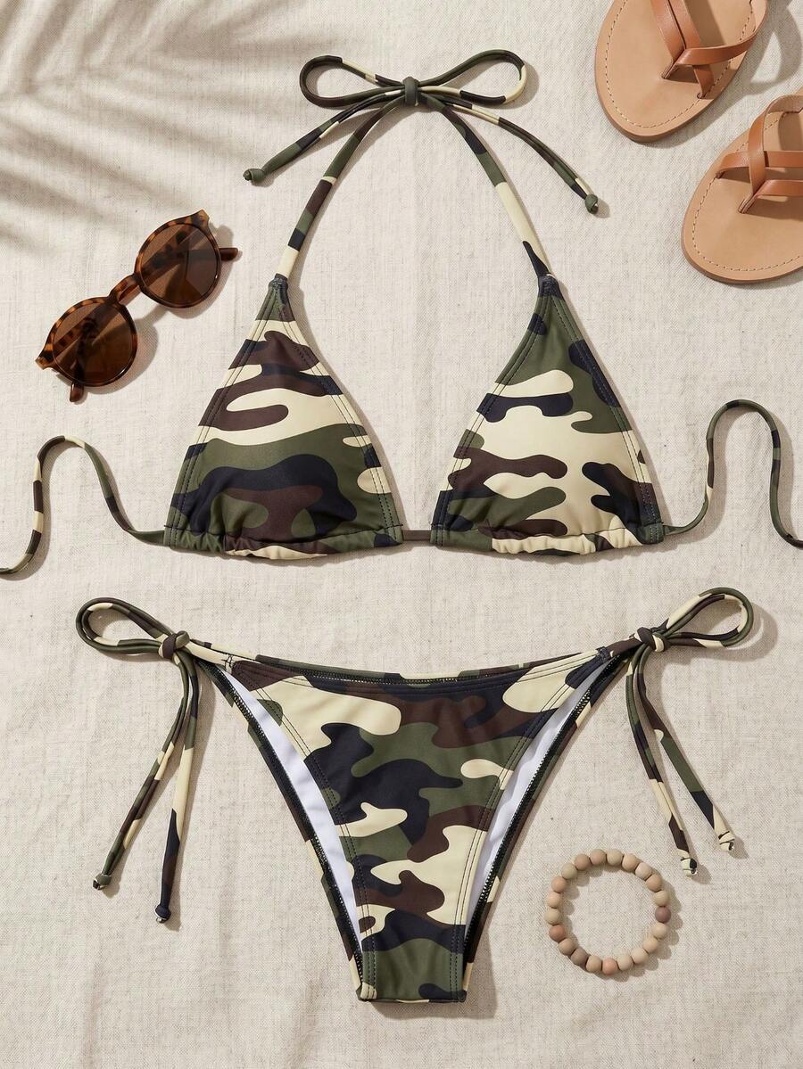 Women's high waist camouflage bikini set featuring a halter top with triangle wireless cups and backless design.