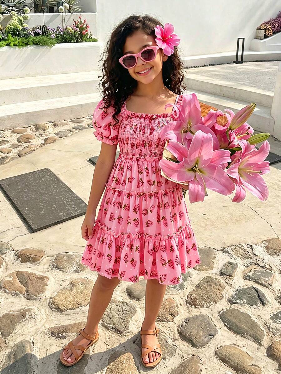 Pink girls strawberry print midi dress with short puff sleeves, square neck, shirred high waist, and tiered layered skirt.