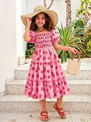 Pink girls strawberry print midi dress with short puff sleeves, square neck, shirred high waist, and tiered layered skirt.