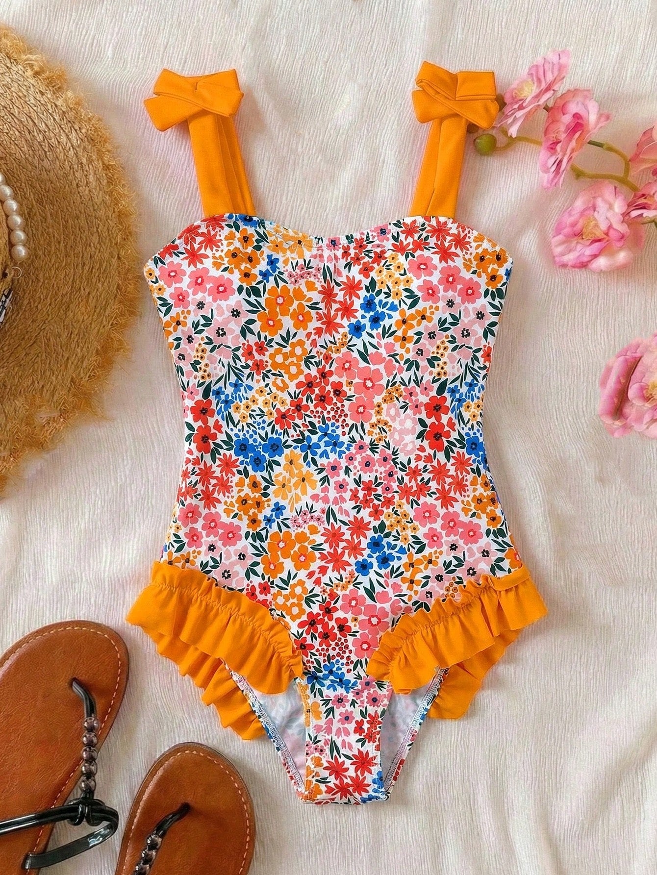 Girls' multicolor one-piece swimsuit with floral plant print, bow detail, asymmetrical ruffle accent, strap neckline, and lined body for beach vacations.