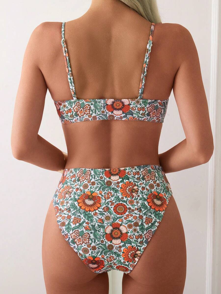 Women's black 2-piece high waist bikini swimsuit set featuring spaghetti straps, criss-cross knot details, wireless bra with removable padding, and high-stretch fabric.