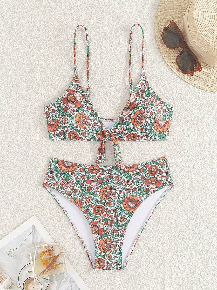 Women's black 2-piece high waist bikini swimsuit set featuring spaghetti straps, criss-cross knot details, wireless bra with removable padding, and high-stretch fabric.