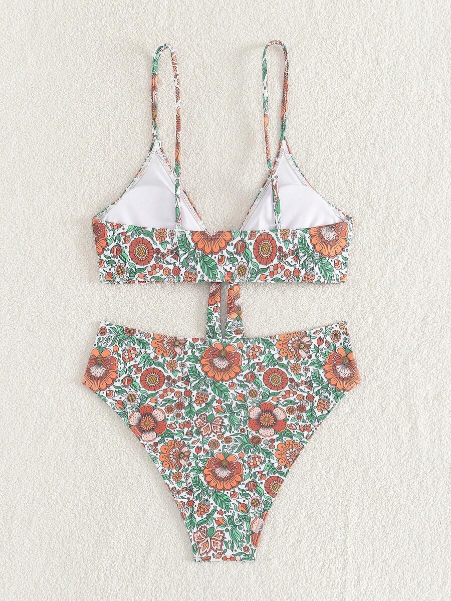 Women's black 2-piece high waist bikini swimsuit set featuring spaghetti straps, criss-cross knot details, wireless bra with removable padding, and high-stretch fabric.