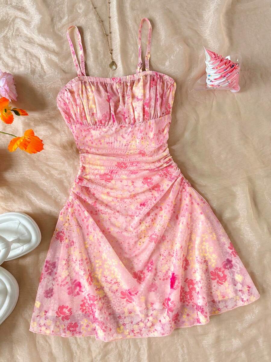 Apricot tween girls sleeveless halter cami dress with appliques, bow front, zipper detail, high waist, flared hem, and short slim fit design.