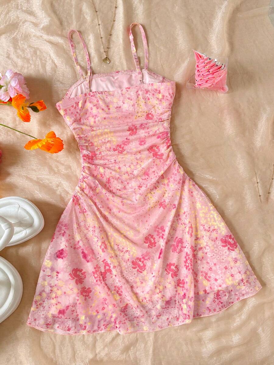 Apricot tween girls sleeveless halter cami dress with appliques, bow front, zipper detail, high waist, flared hem, and short slim fit design.