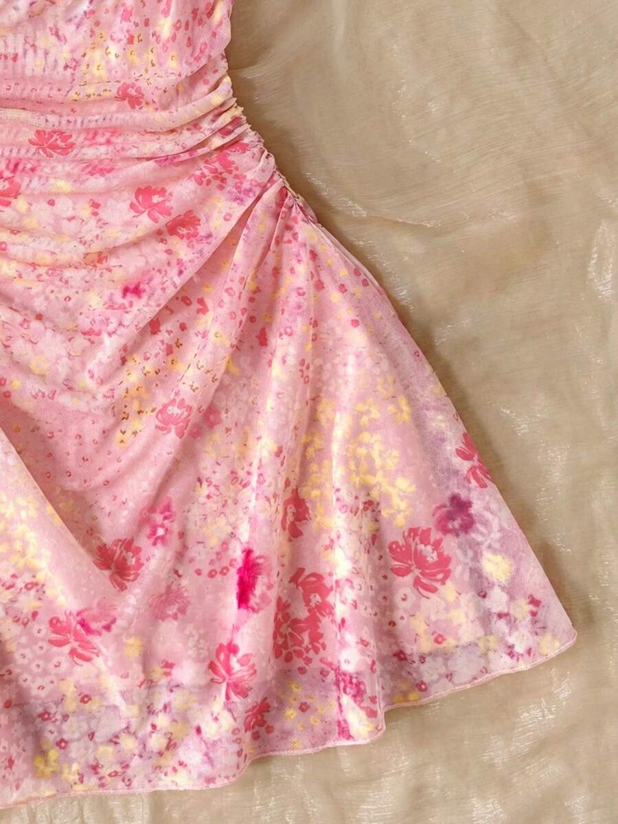 Apricot tween girls sleeveless halter cami dress with appliques, bow front, zipper detail, high waist, flared hem, and short slim fit design.